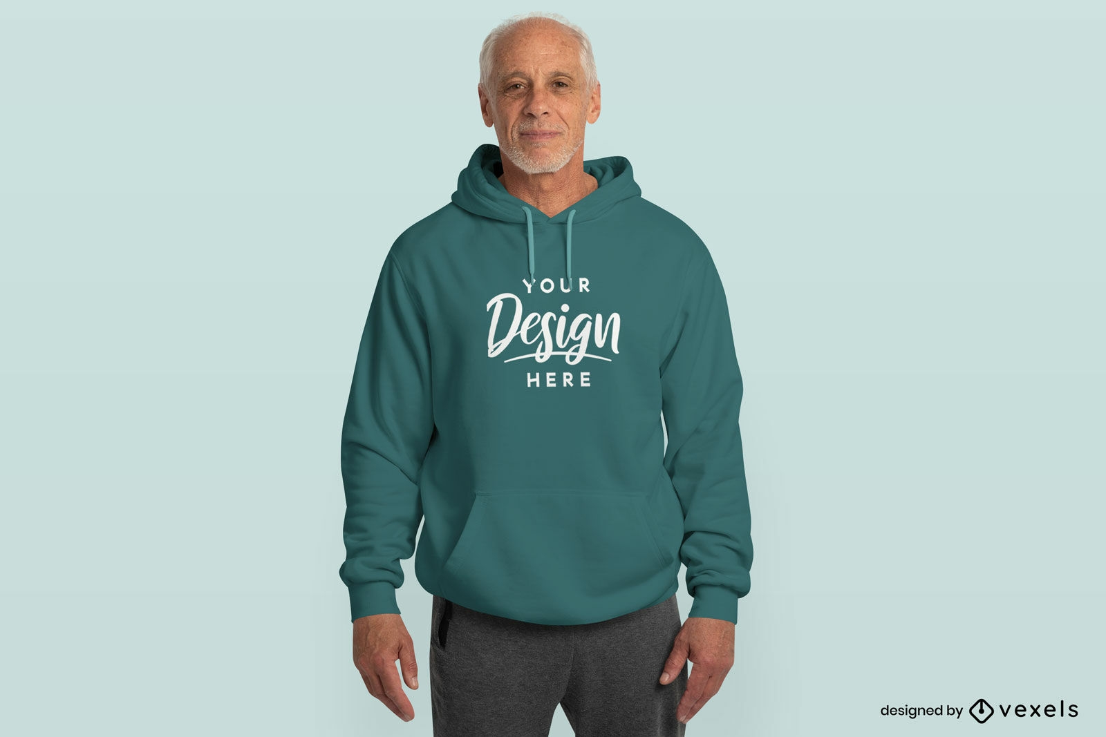 Older male model smiling in hoodie mockup