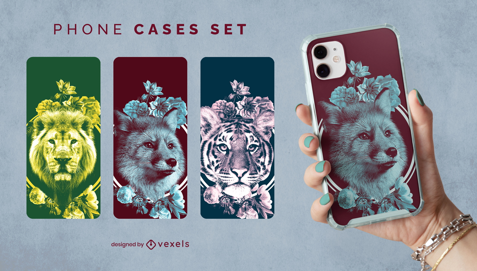 Animals with flowers phone case psd set