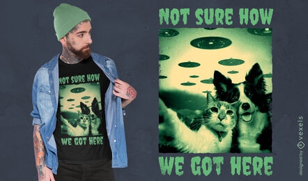 Cat and dog selfie with aliens t-shirt psd