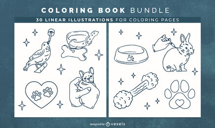 Elementos de mascotas para colorear diseño de páginas de libros.