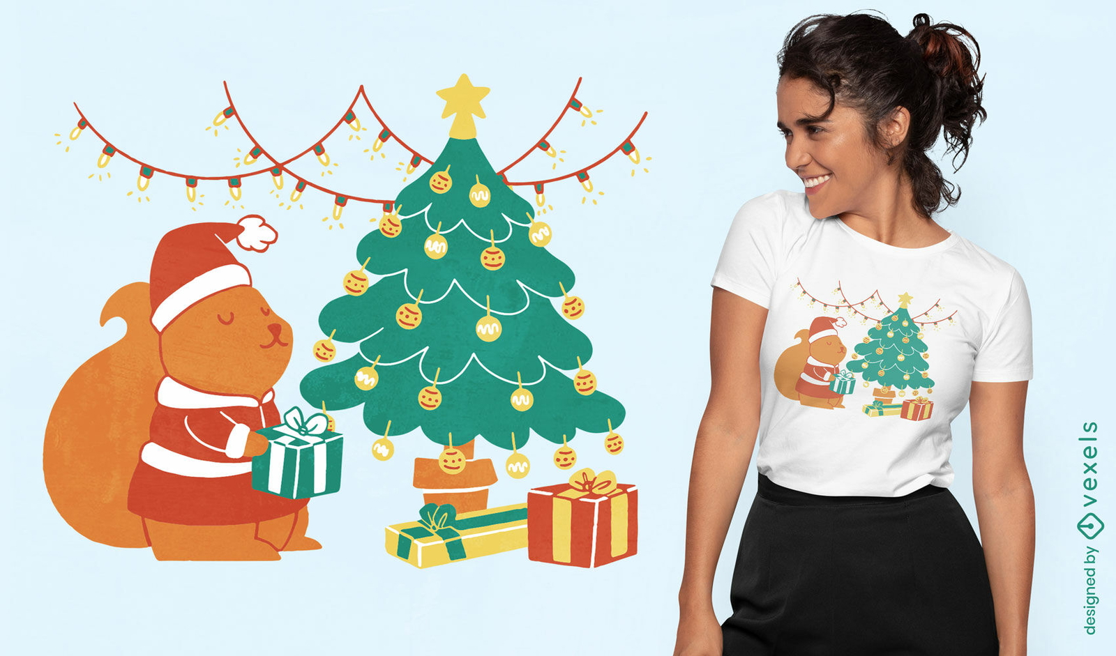 Diseño de camiseta de ardilla y árbol de navidad.