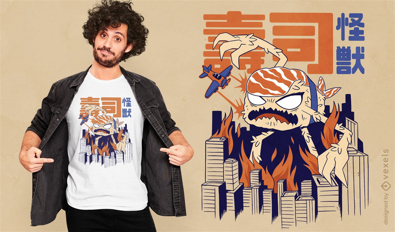 Diseño de camiseta de monstruo de sushi japonés.