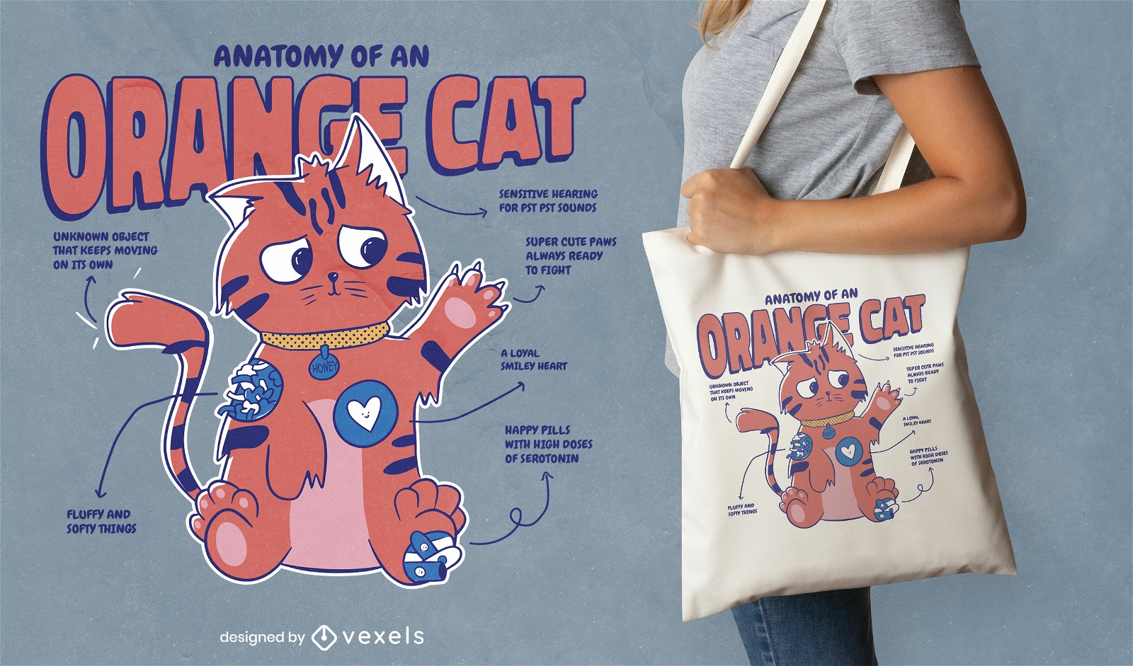 Diseño de bolsa de asas de anatomía de gato naranja.