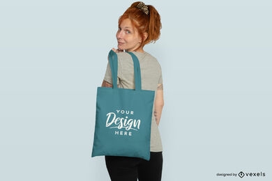 Older redhead woman with tote bag mockup