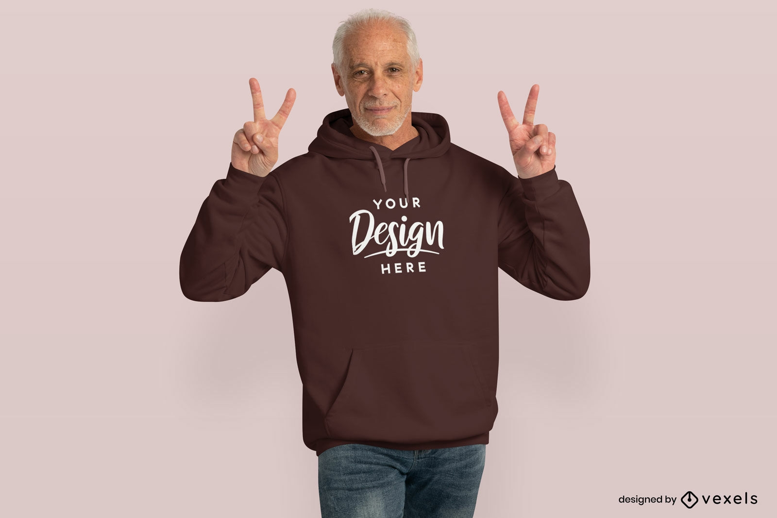 Older man peace sign and hoodie mockup