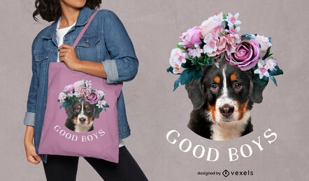 Dog animal with flowers tote bag design