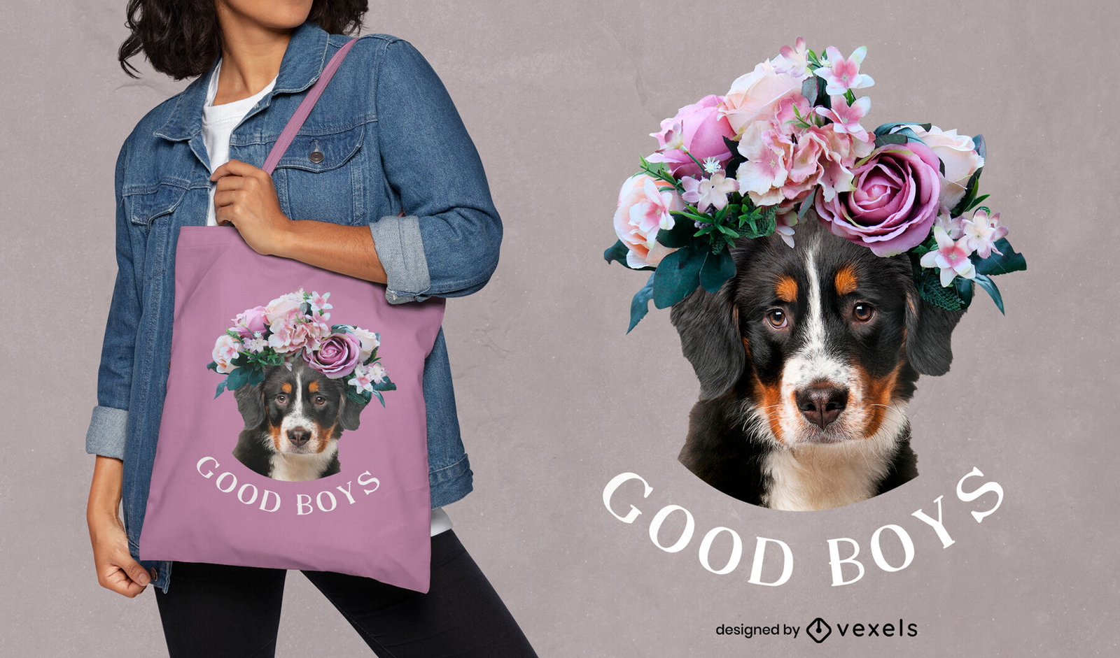 Diseño de bolso tote animal perro con flores