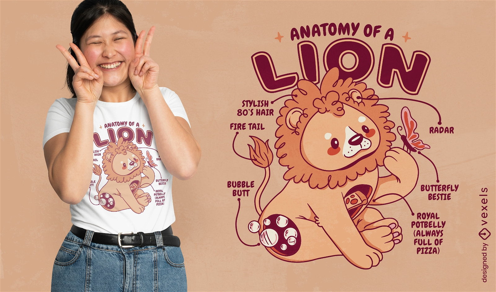Anatomia engraçada de um design de camiseta de leão