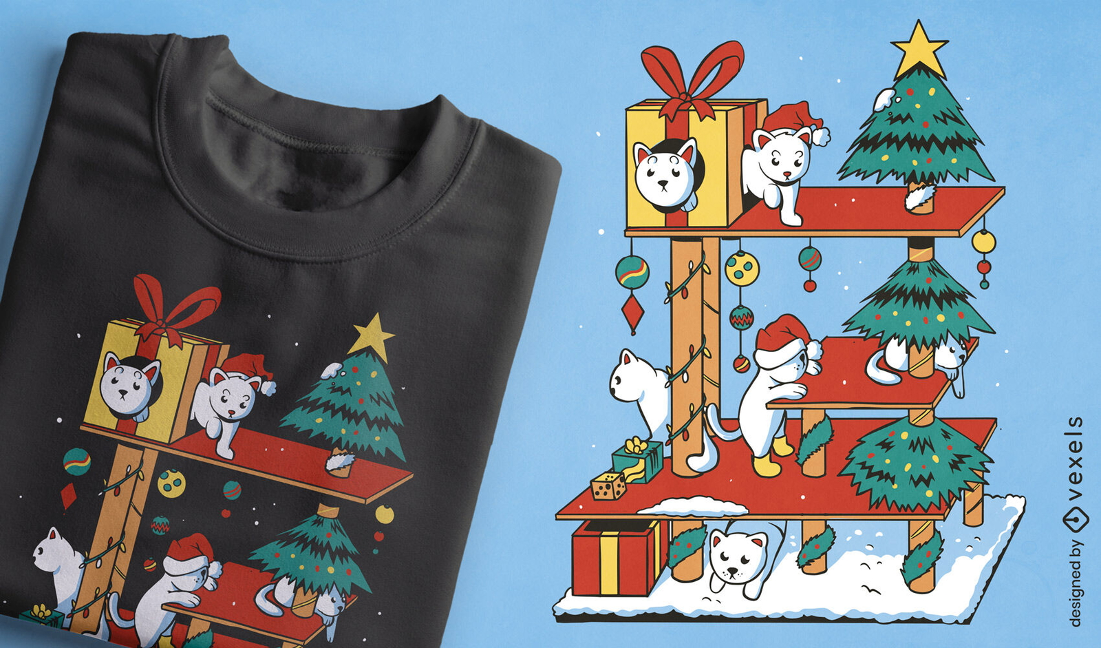 Diseño divertido de camiseta de árbol de gato de Navidad