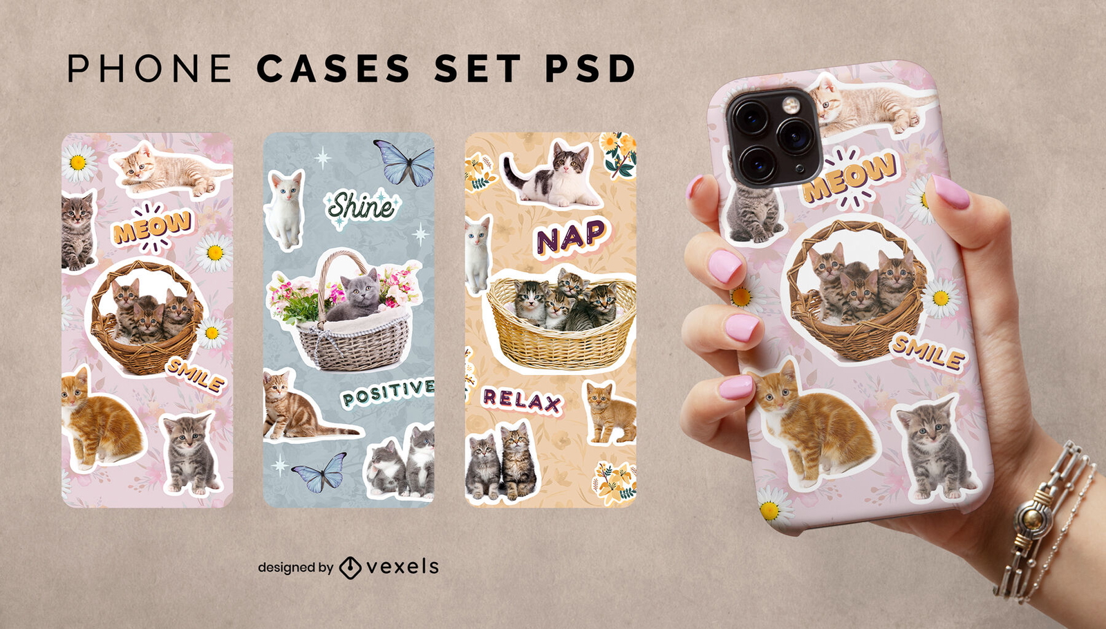 Conjunto de psd de caja de teléfono con pegatinas de animales de gatos