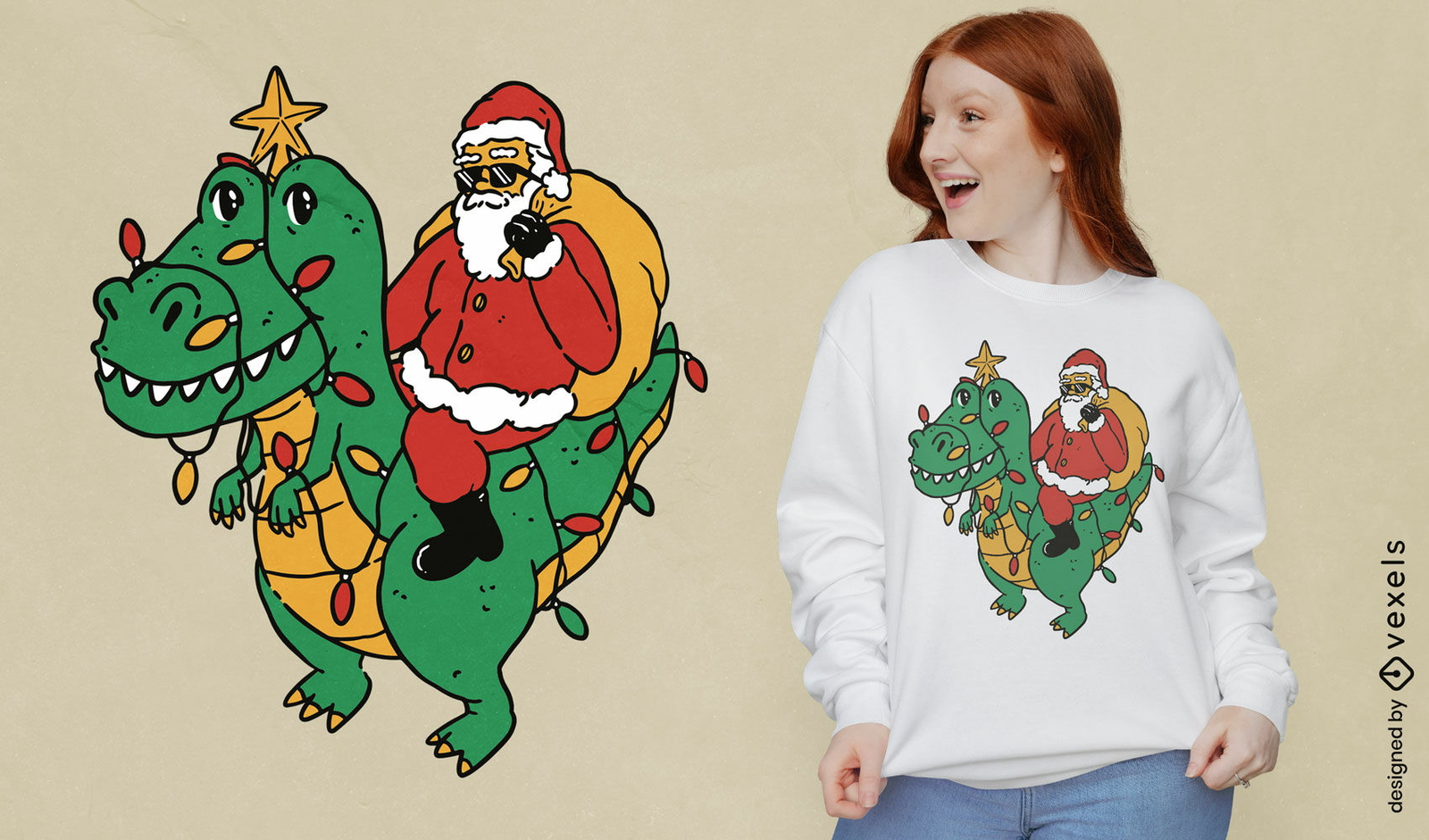 Diseño de camiseta navideña de santa claus y t-rex