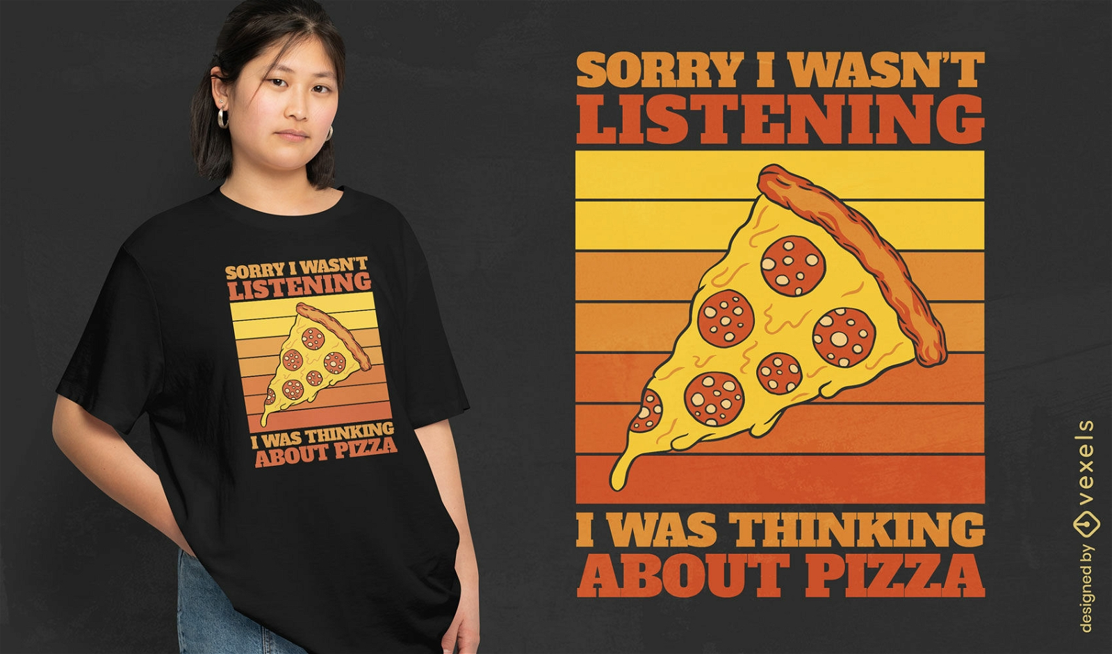 Pizzascheibe Retro-Sonnenuntergang-T-Shirt-Design