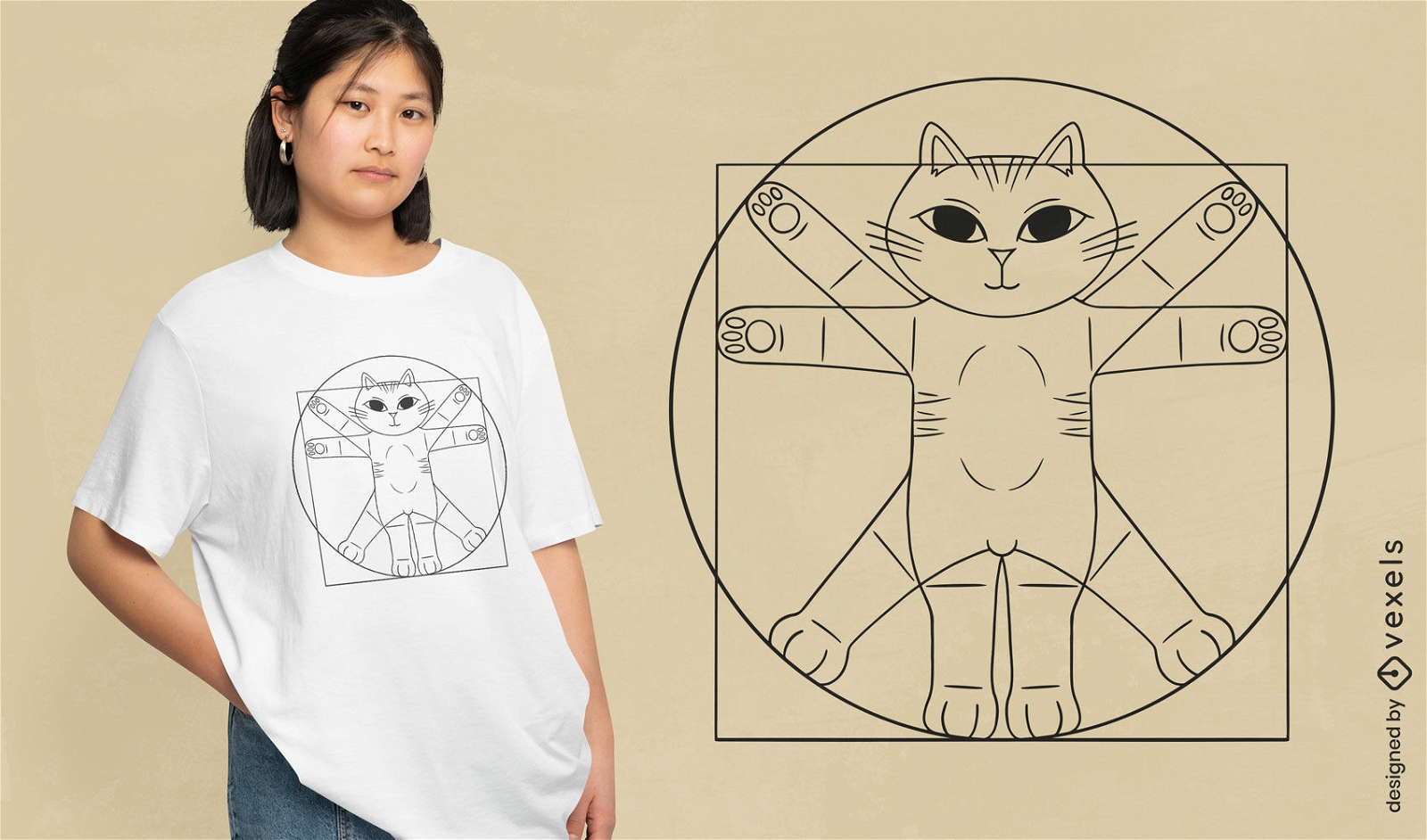 Design de camiseta de par?dia de pintura animal de gato vitruviano