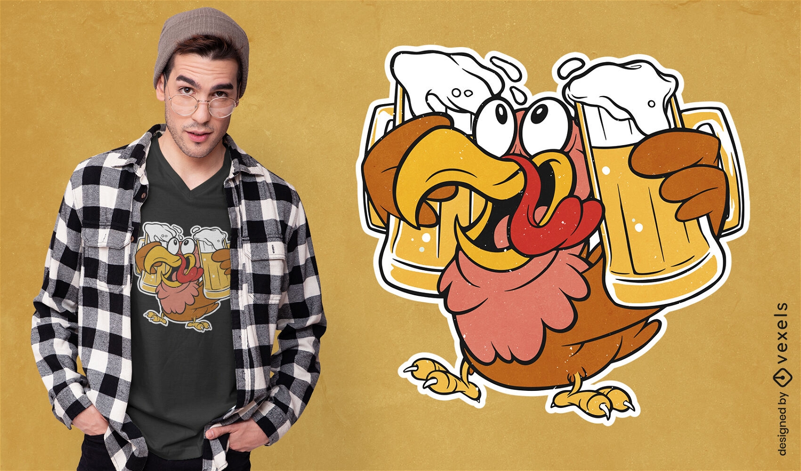Turkey with beers cartoon t-shirt design