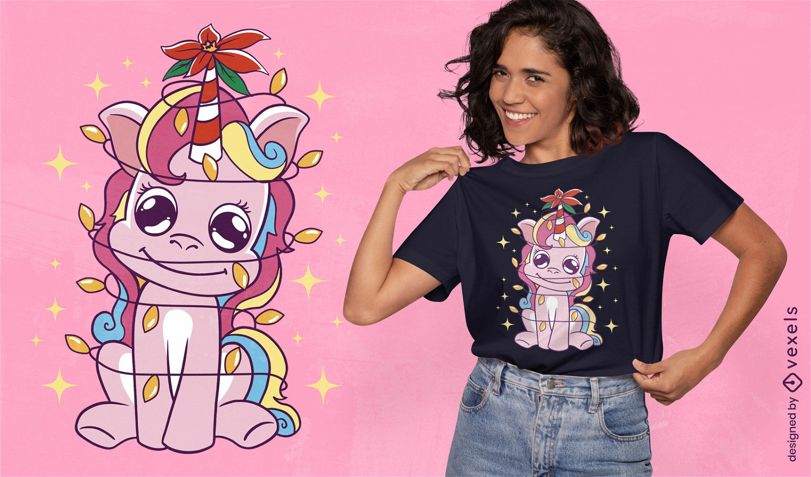 Unicorn wrapped in christmas lights t-shirt design