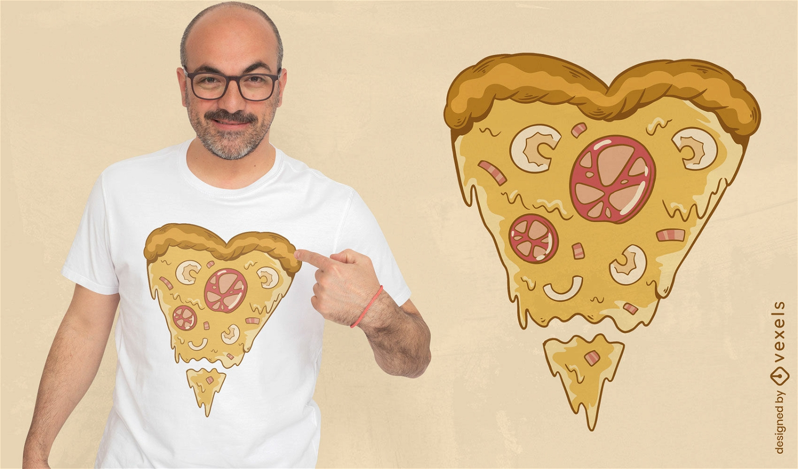 Diseño de camiseta de pizza con forma de corazón.