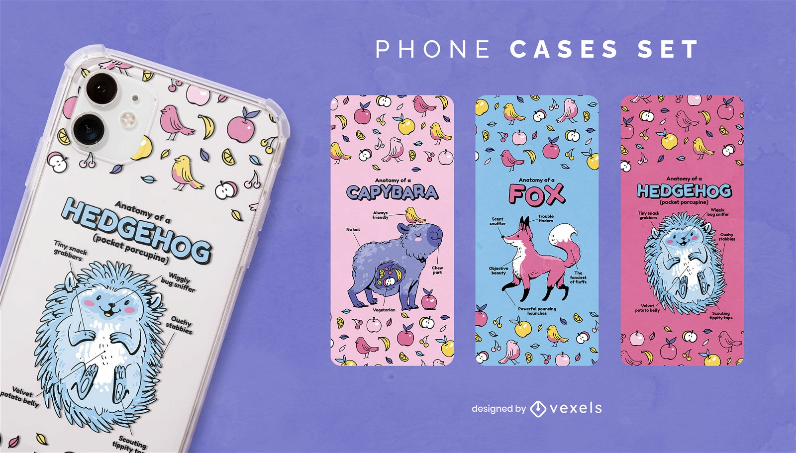 Anatomy animals and fruit phone case set