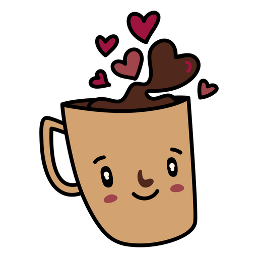 Xícara de café dos desenhos animados com bolhas em forma de coração Desenho PNG