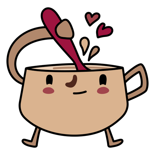 Xícara de café dos desenhos animados, misturando-se com uma colher Desenho PNG