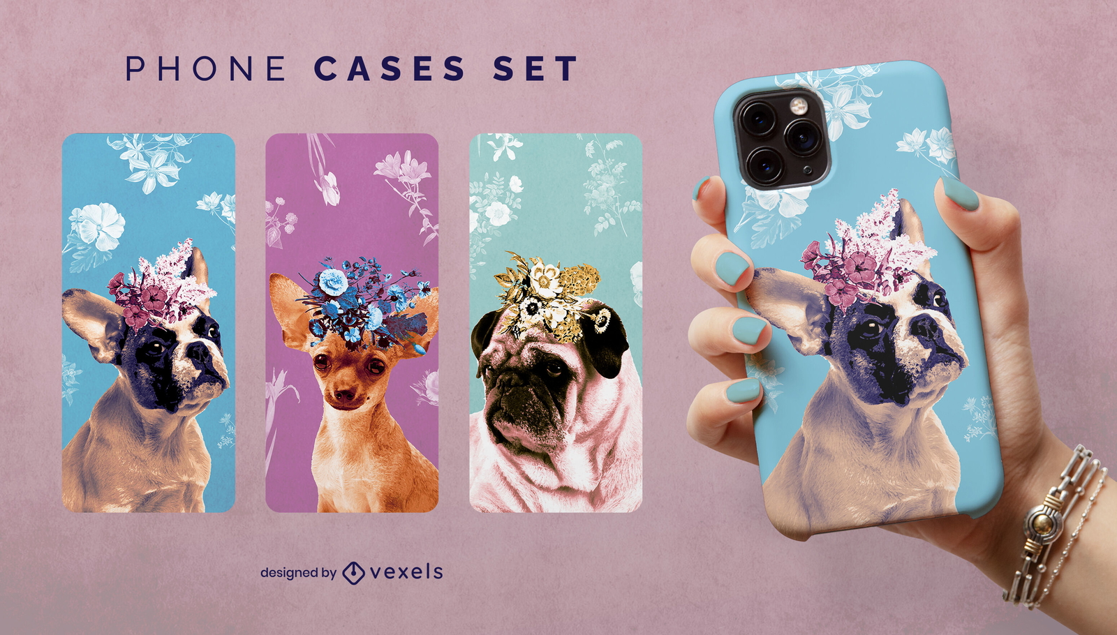 Conjunto de psd de caja de teléfono de animales de perro con flores