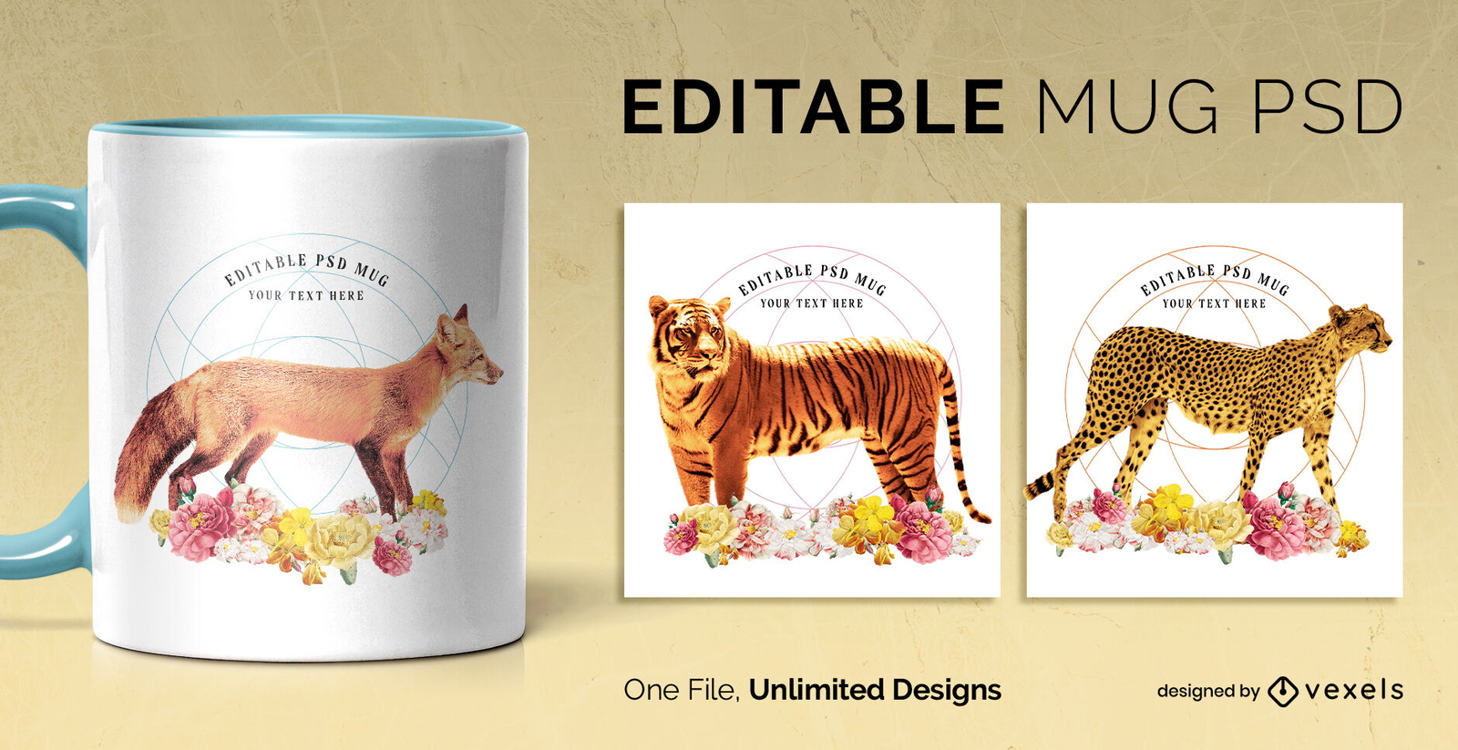 Animais selvagens com modelo de caneca de flores escalável