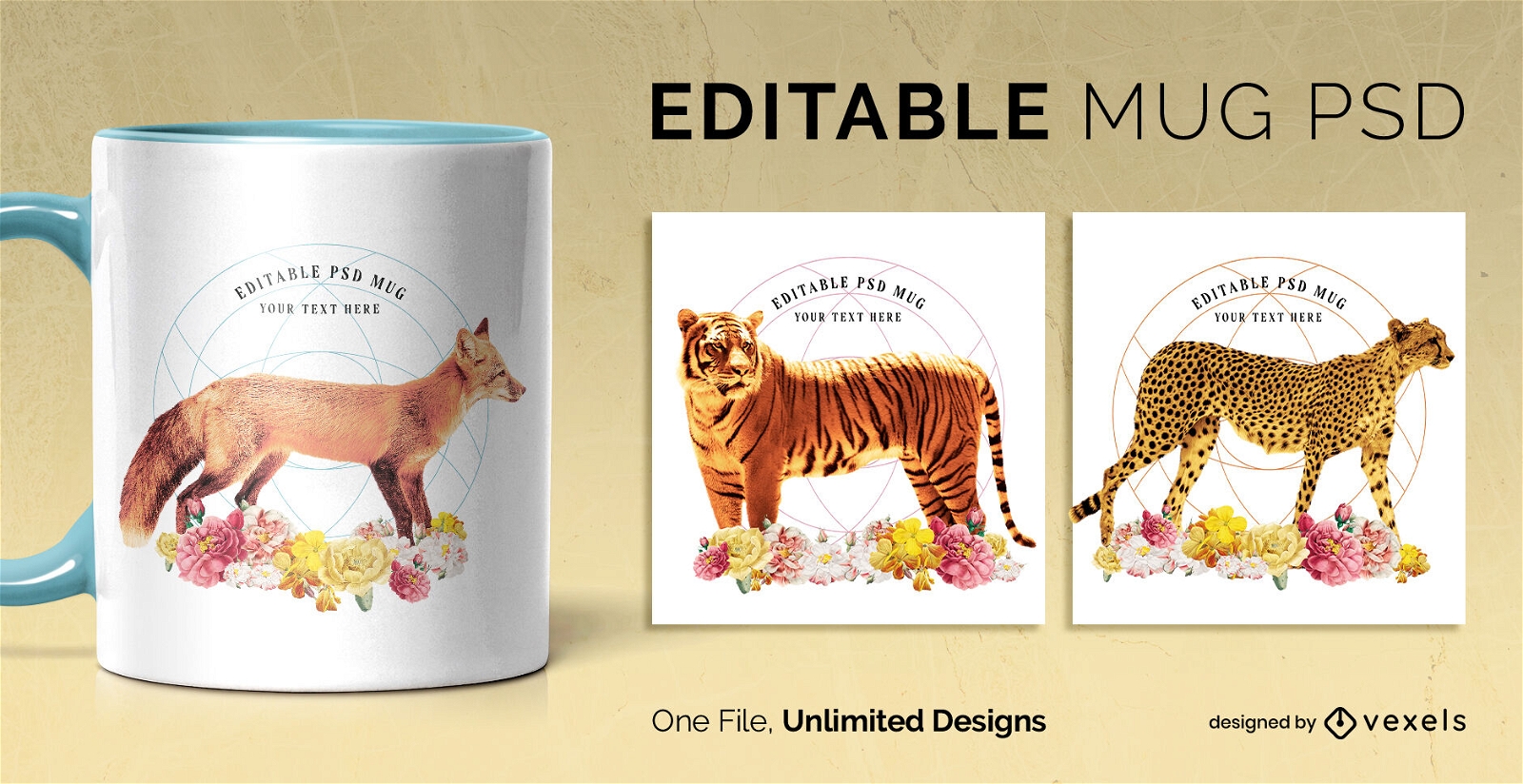 Wild animals with flowers mug template scalable