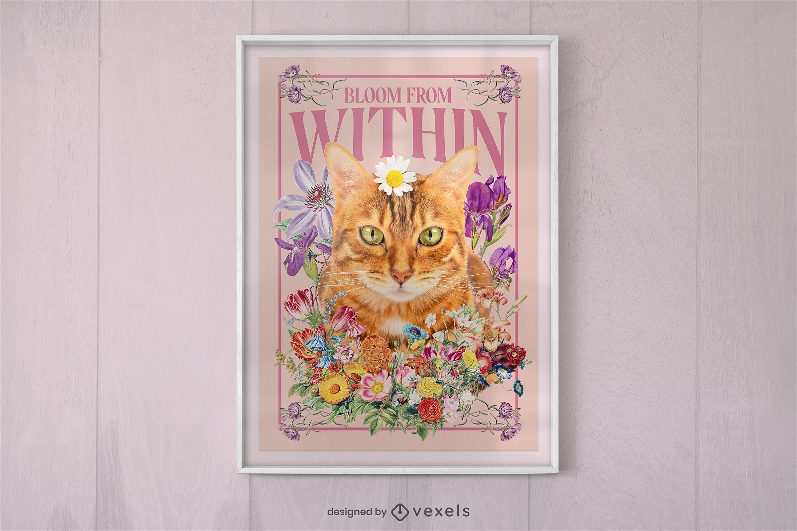 Plantilla de póster de animal gato dorado con flores