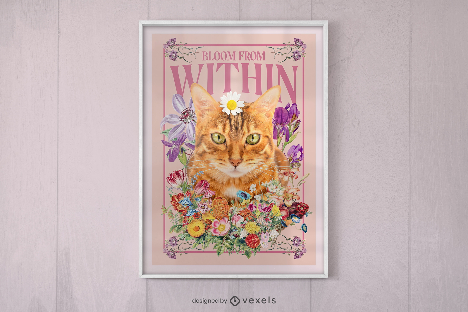 Plantilla de póster de animal gato dorado con flores