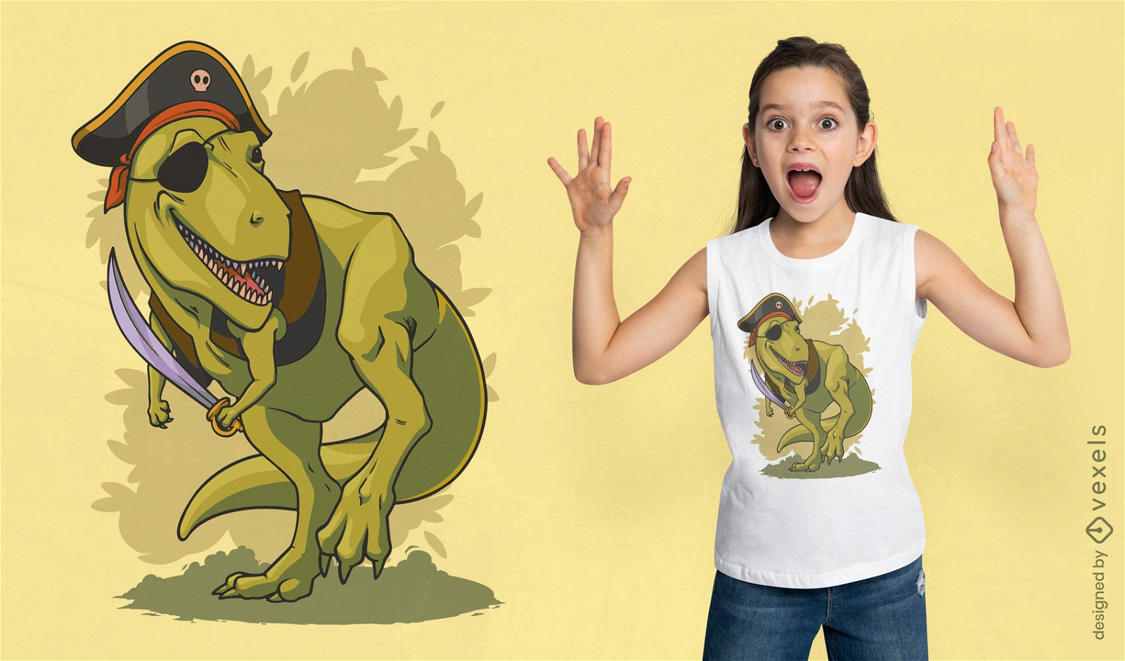 Diseño de camiseta de dibujos animados de dinosaurio pirata