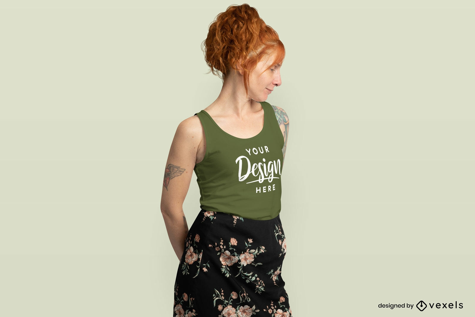 Redhead woman in skirt and tank top mockup