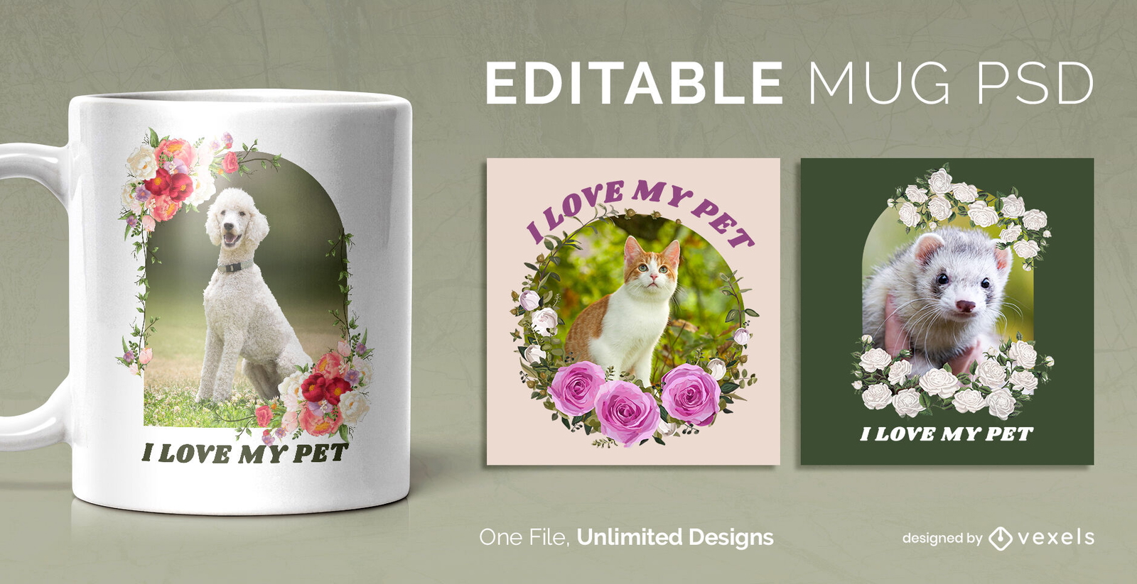 Modelo de caneca escalável de animais de estimação em retratos florais