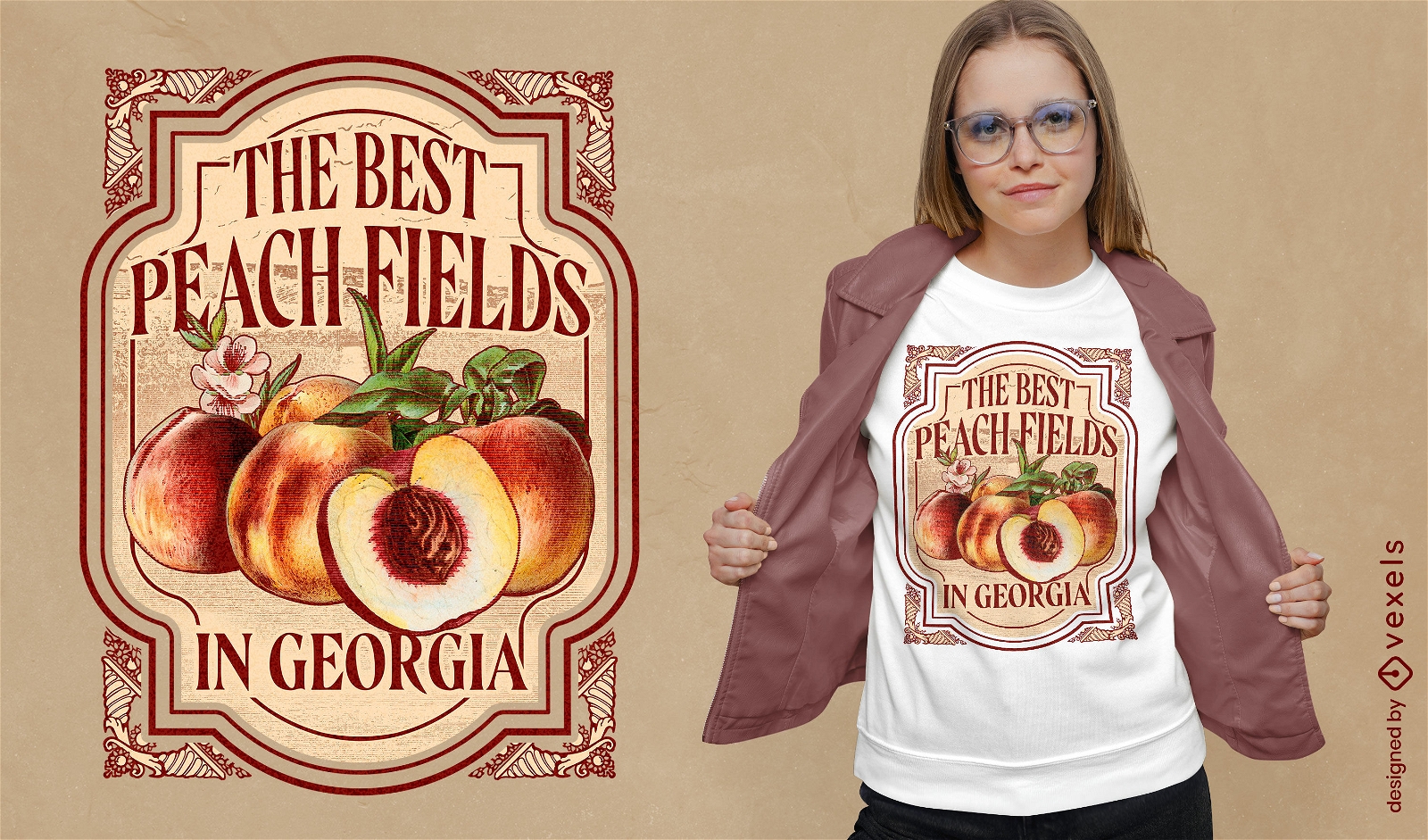 Camiseta de etiqueta vintage de fruta de durazno psd