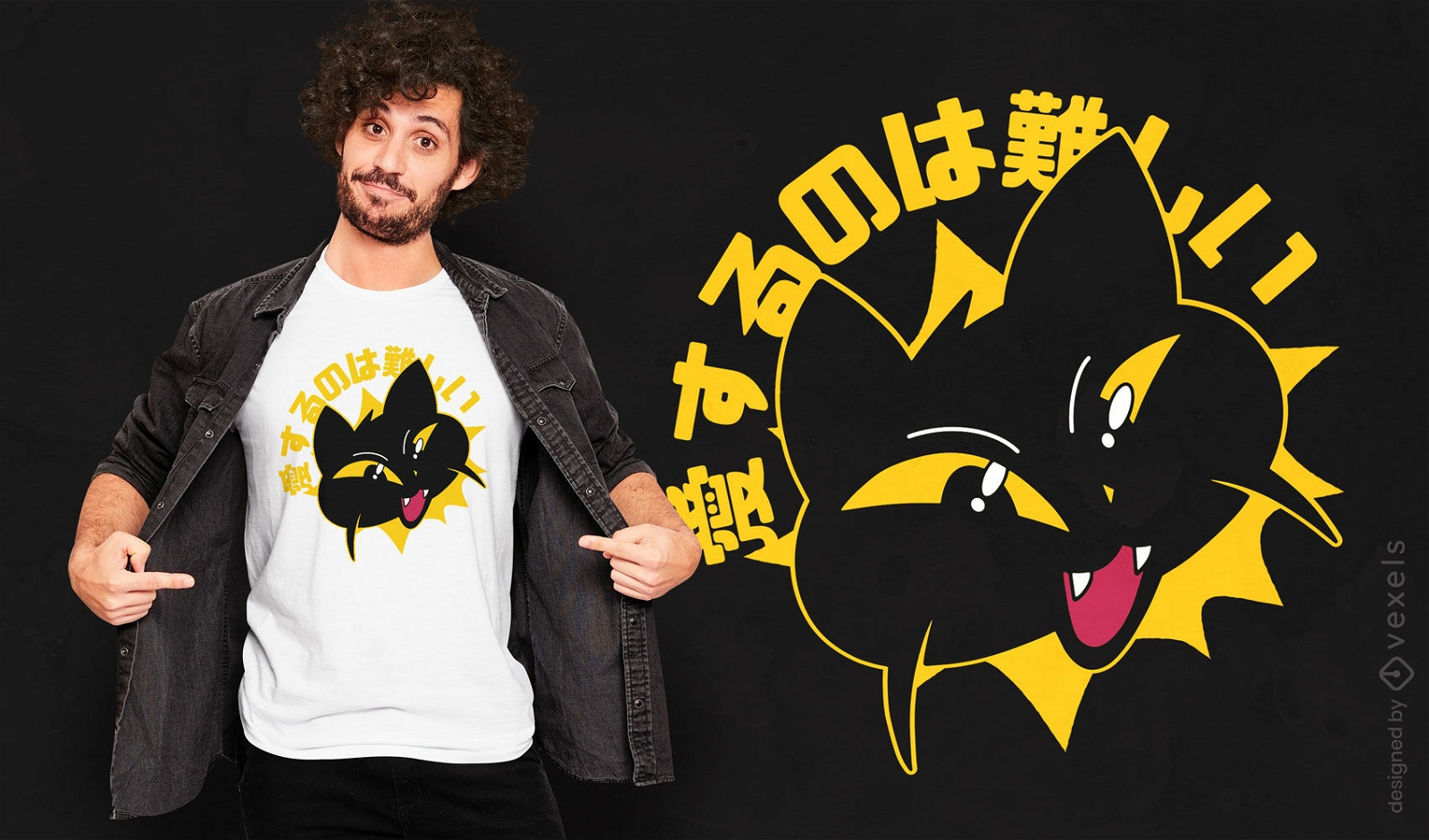 Design de camiseta de animal de gato preto de desenho animado