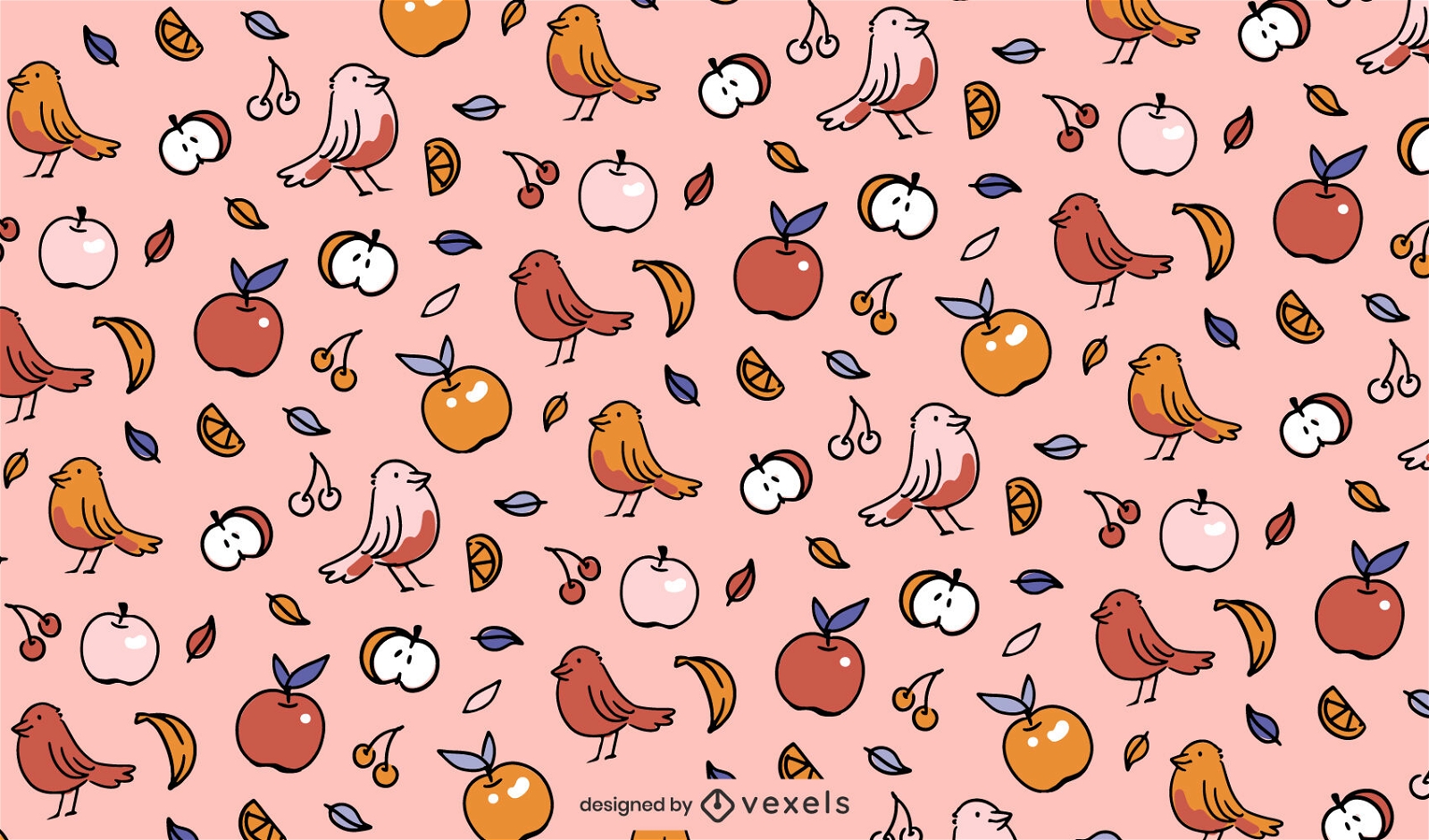 Diseño de patrón de pájaros y frutas.