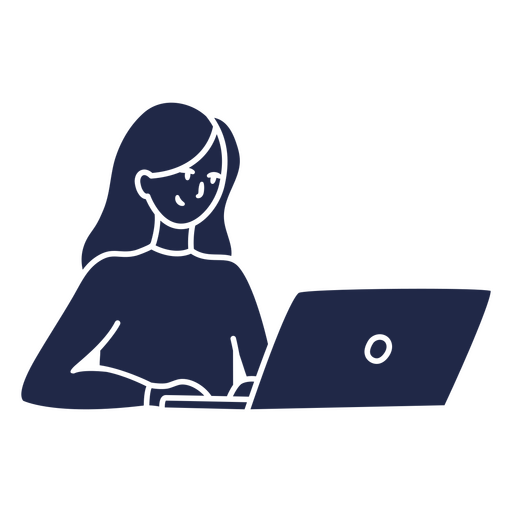 Silhueta preta e branca de uma garota trabalhando em seu laptop Desenho PNG