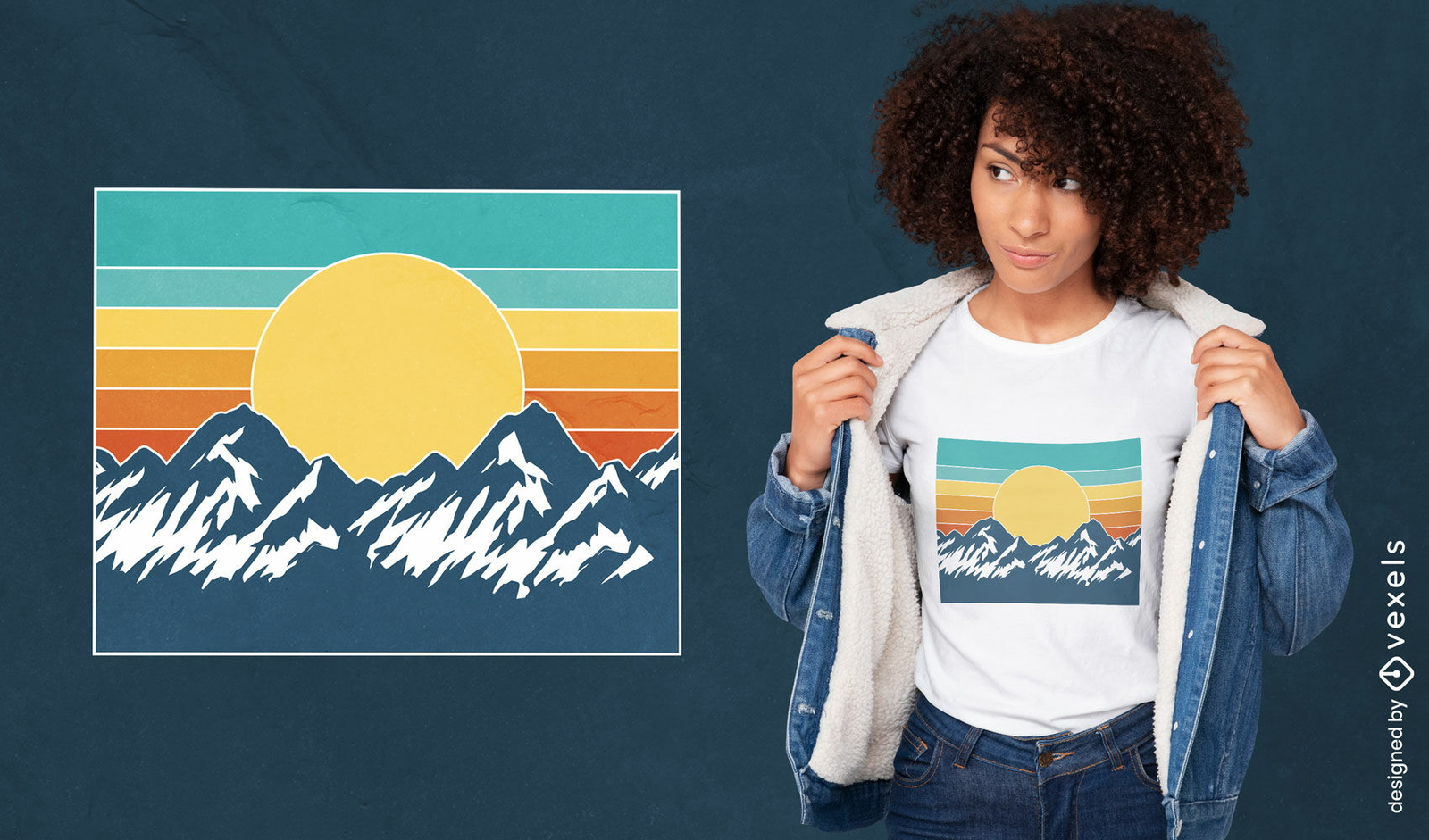 Diseño retro de camiseta de paisaje de montaña al atardecer.