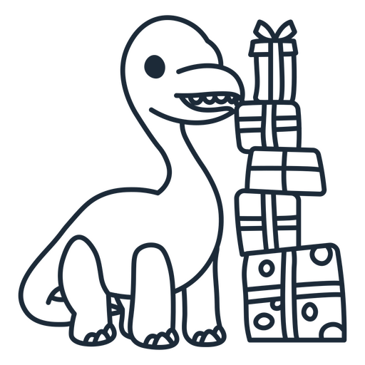 Outline of birthday dinosaur beside a pile of gifts PNG Design