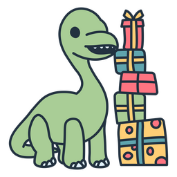 Dinosaurio kawaii de cumpleaños cerca de una pila de regalos Diseño PNG
