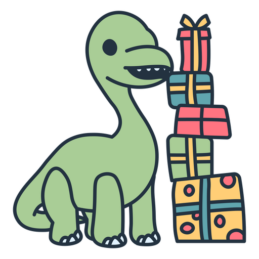 Birthday kawaii dinosaur near to a gifts pile PNG Design