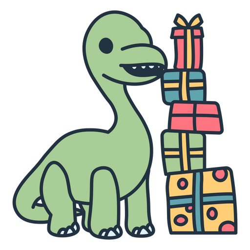 Dinosaurio kawaii de cumpleaños cerca de una pila de regalos Diseño PNG