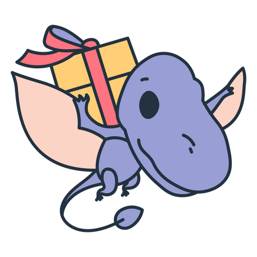 Dinosaurio kawaii de cumpleaños volando con un regalo encima de su espalda Diseño PNG