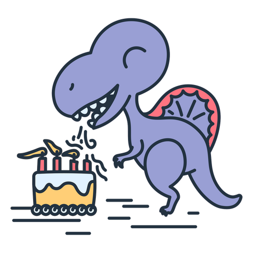 Cumpleaños dinosaurio kawaii soplando velas de un pastel Diseño PNG