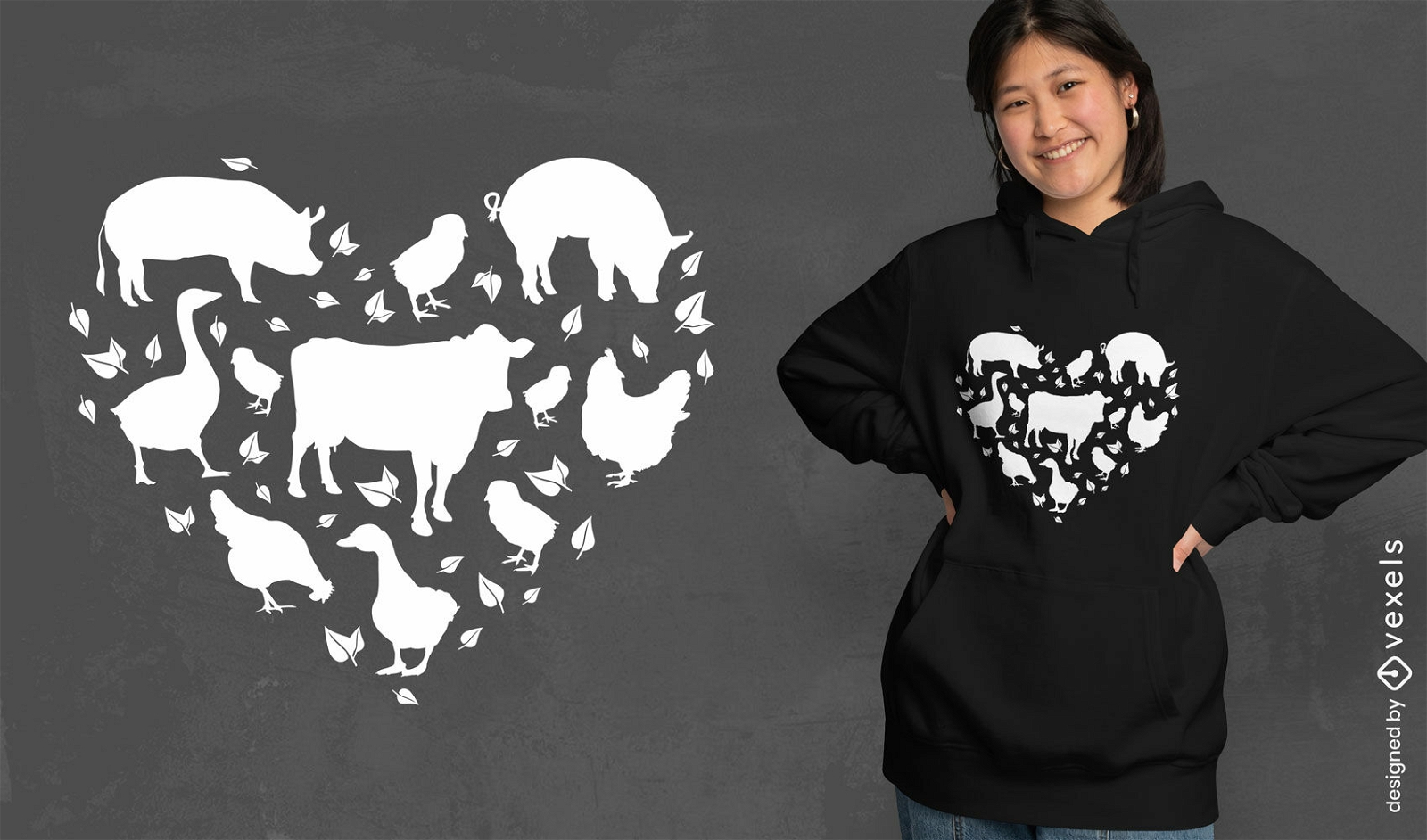 Diseño de camiseta de corazón de animales de granja.