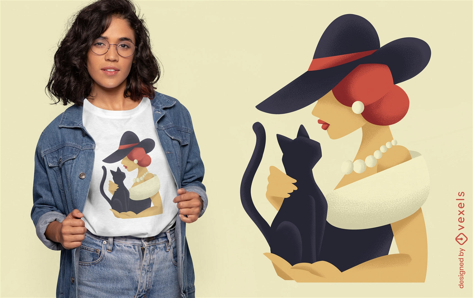 Woman with black cat t-shirt design