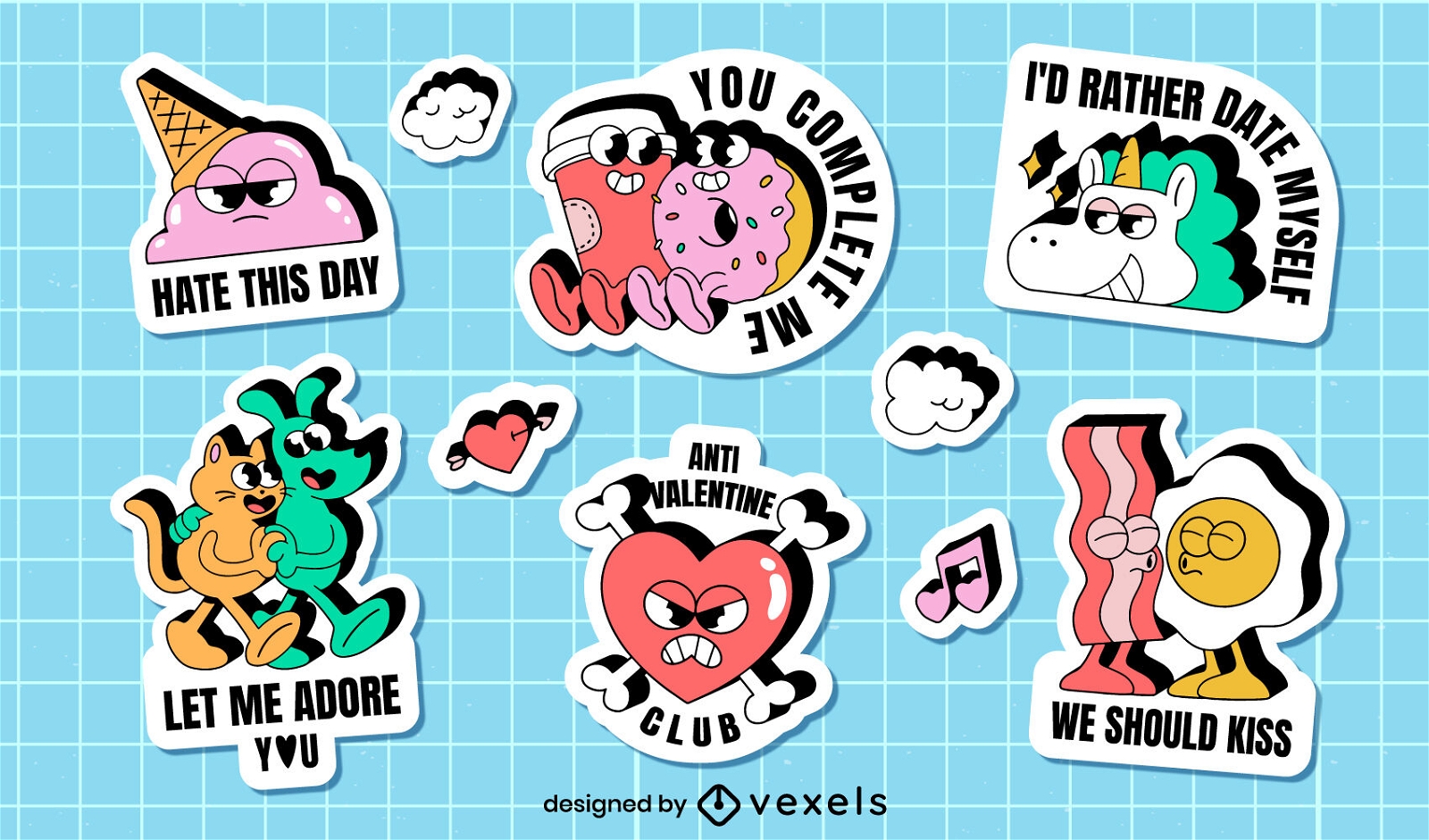 Retro Valentine's day characters sticker set