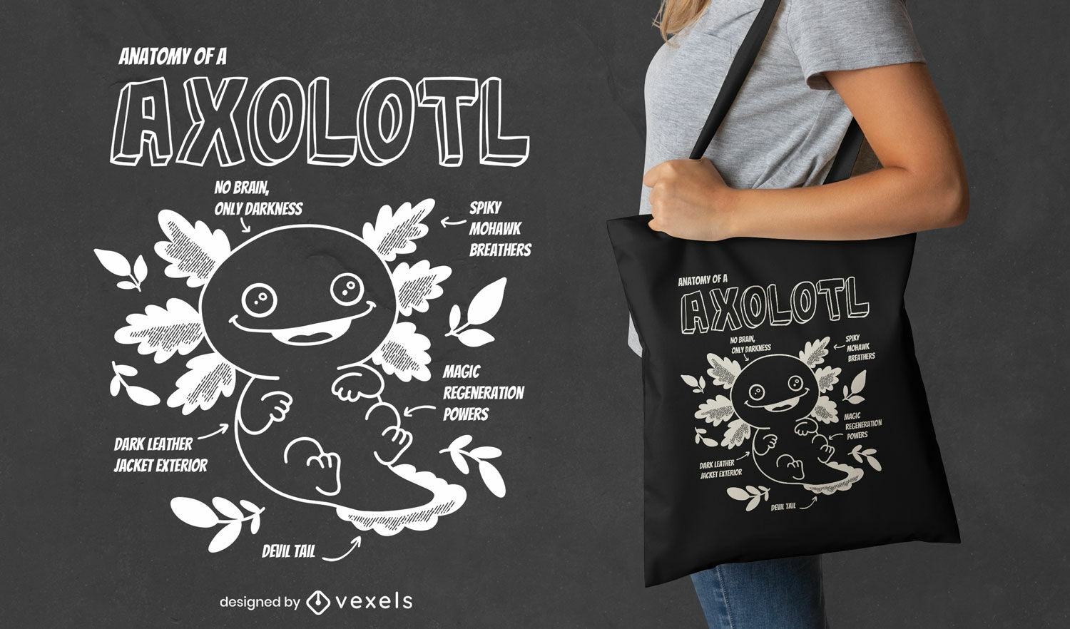 Axolotl anatomy tote bag design