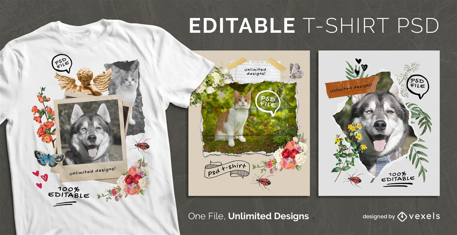 Camiseta escalable collage de mascotas y flores psd