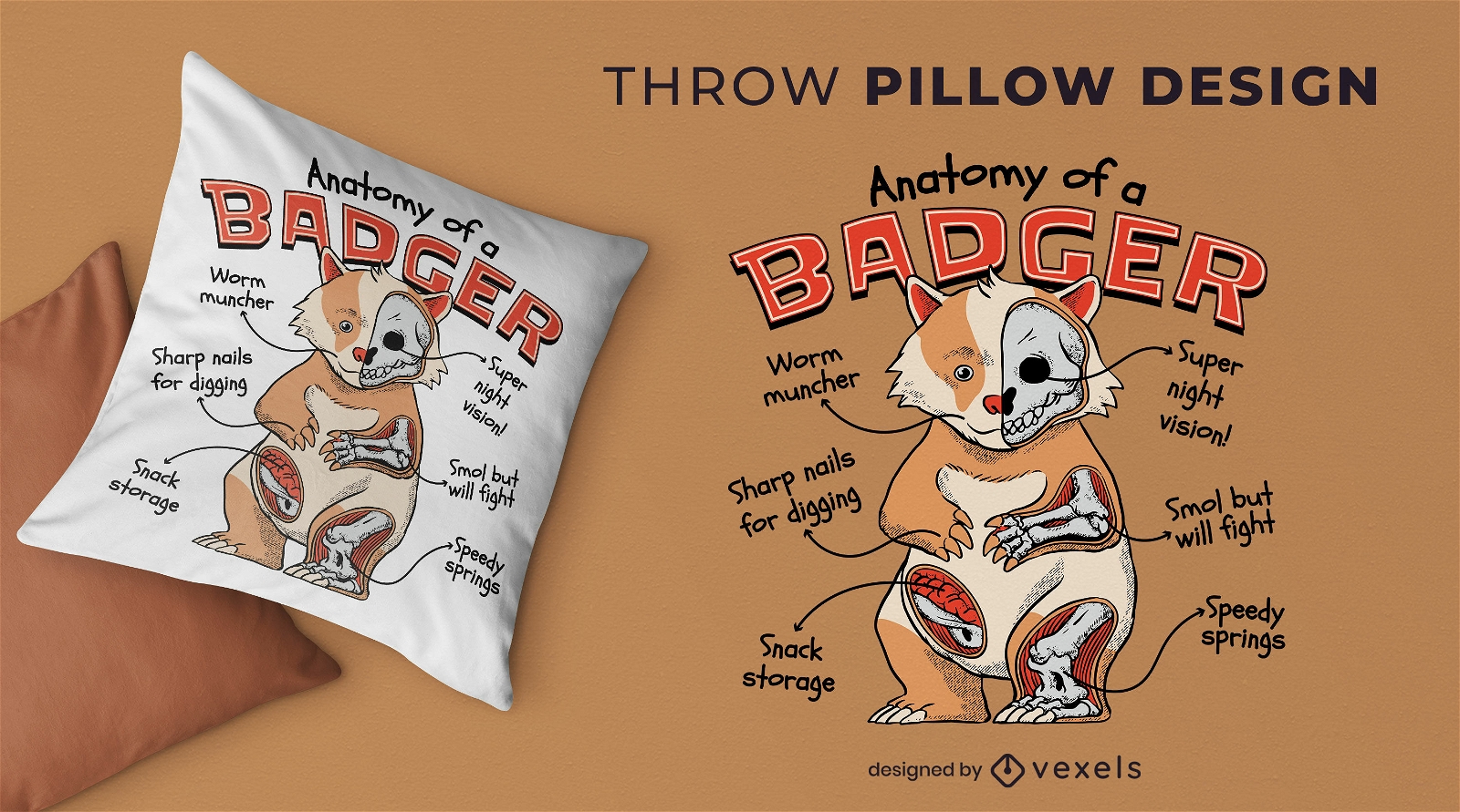 Anatomy of a badger throw pillow design