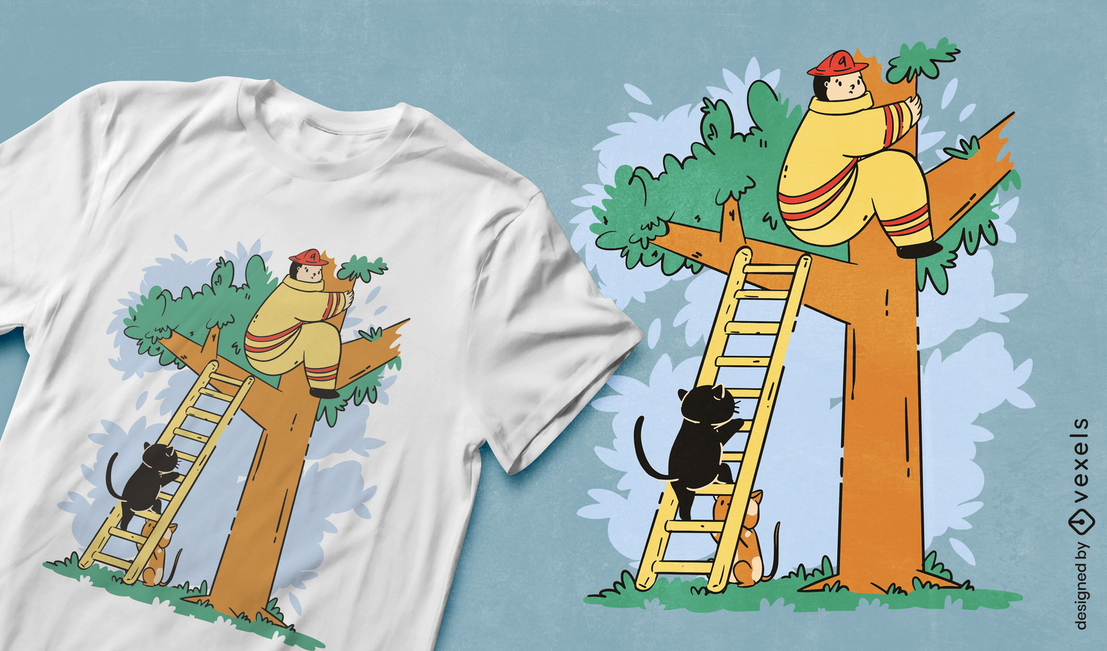 Design engraçado de t-shirt de resgate de gato e bombeiro