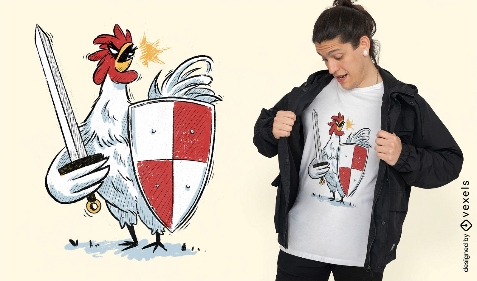 Caballero de pollo con espada y camiseta de escudo psd